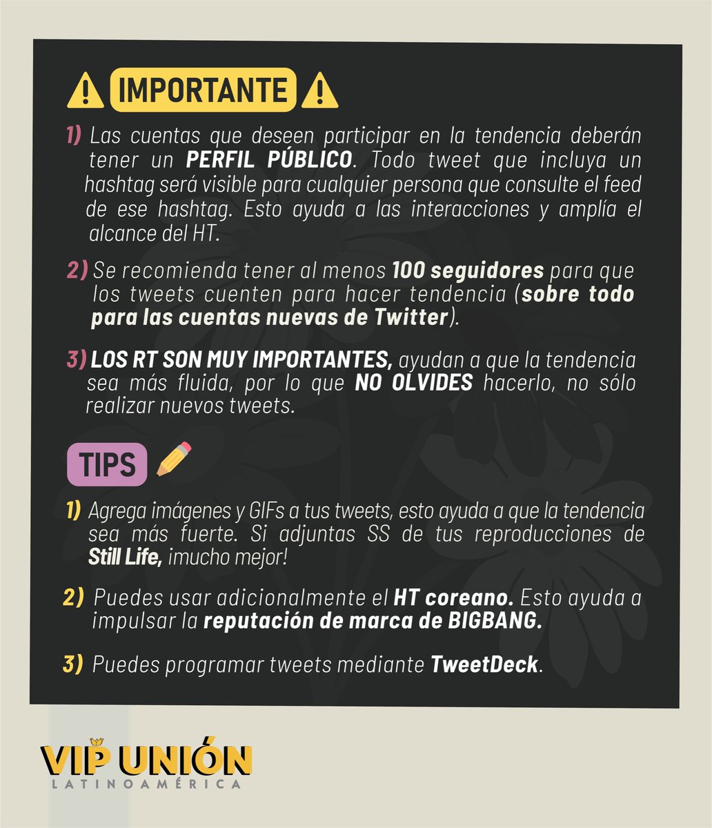 vip_latam's tweet image. [ EVENTO DE COMEBACK] 

Los invitamos a unirse al evento de tendencia aquí en Twitter festejando el comeback de #BIGBANG. 

📅 4 de abril
🕚 11 PM KST
#️⃣ BIGBANG
#️⃣ BIGBANG_StillLife
🖊 STILL LIFE STILL HERE

Pasos a seguir para hacer tendencia. ⬇️⬇️