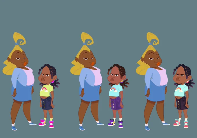 I did colors for Dijonay's siblings in last week's episode of #proudfamily. I was in my `My Little Pony' binge phase hence the unconscious rainbow dash colors on image 2. 
✨Character Design by Phillip Light
💖Art Direction by Eastwood Wong 