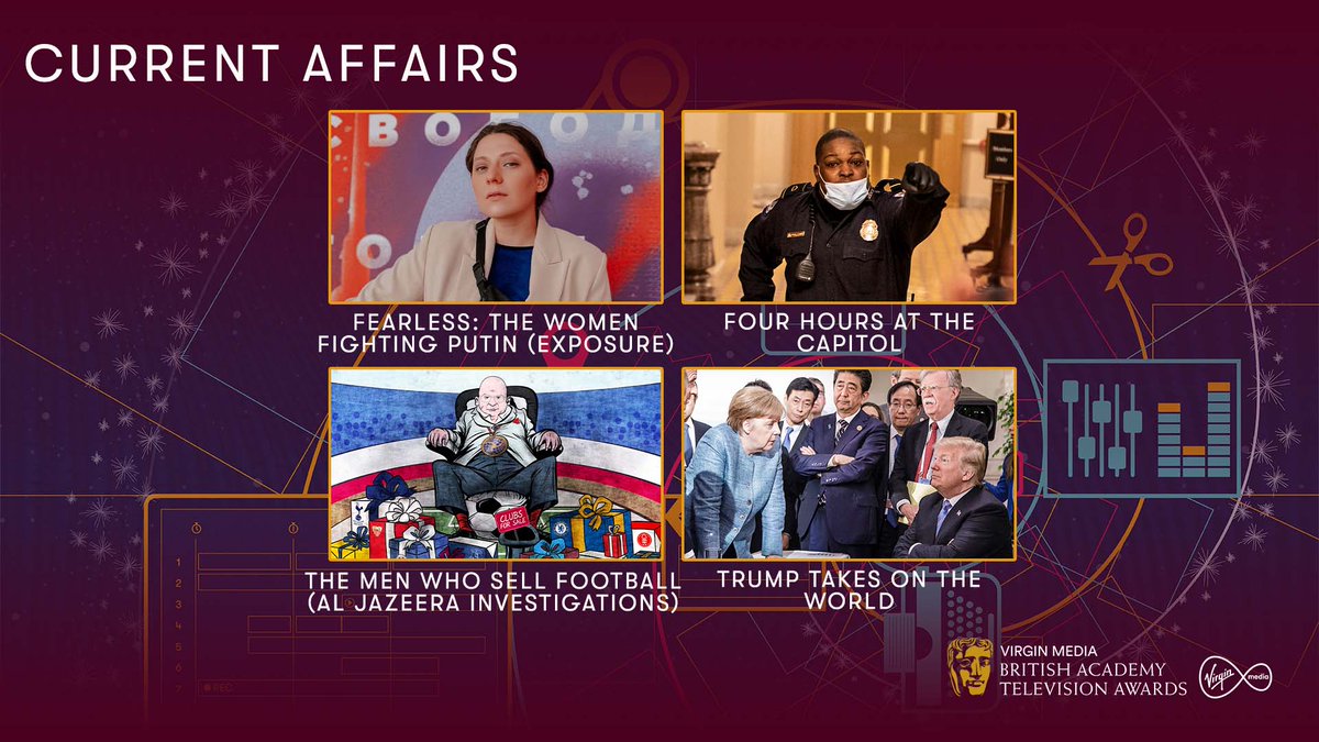 BAFTA's tweet photo. The nominees for Current Affairs 🗞️

📺 Fearless: The Women Fighting Putin (Exposure)
📺 Four Hours at the Capitol
📺 The Men Who Sell Football (Al Jazeera Investigations)
📺 Trump Takes on the World

#VirginMediaBAFTAs https://t.co/6vYqkne2MB