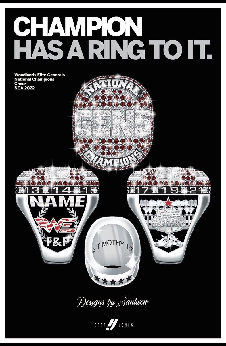 Congratulations <a href="/WoodlandsCheer/">Woodlands Elite Cheer Co.</a> <a href="/WEGenerals/">Generals</a>! 

2022 BACK2BACK &amp; 8 time NCA NATIONAL CHAMPIONS! 

#DBSchamprings #designsbysantwon #hjchamprings #herffjones #championshiprings #champrings  #nationalchampions