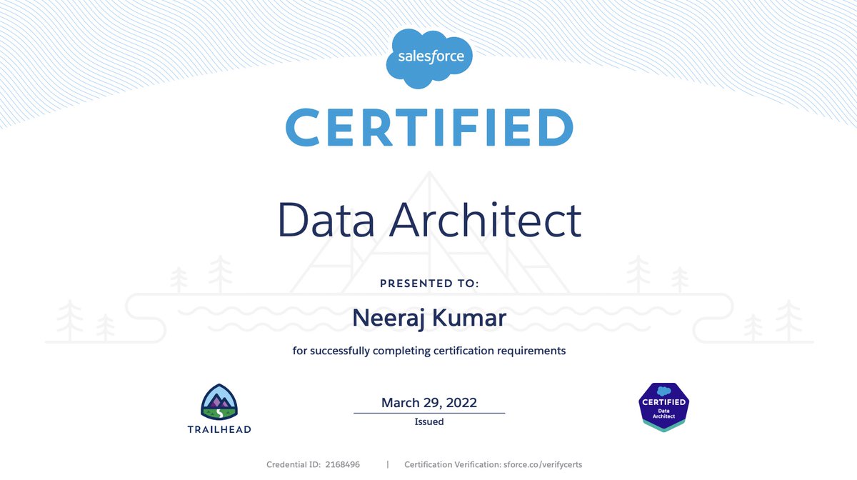Finally got this today after rescheduling multiple times. 
Thanks to <a href="/CCCInfotech/">CloudCentric Infotech</a> 4 supporting my continued learning and certifications!
Thanks <a href="/trailhead/">Trailhead</a> to help me with the preparation

#salesforcecertified #architect #applicationarchitect #dataarchitect #trailhead #Salesforce
