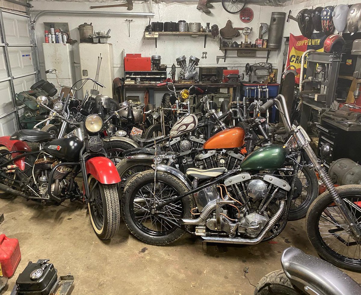 CycleSource's tweet image. #goodproblem to have… too many Motorcyles and not enough garage! 

📷 by @shiners_unlimited: &quot;It’s time for a bigger shop. The 2.5 car garage isn’t cutting it anymore. A 30x40 sounds about right! #panhead #flathead #shovelhead #knucklehead #ironhead #harley #harleydavidson