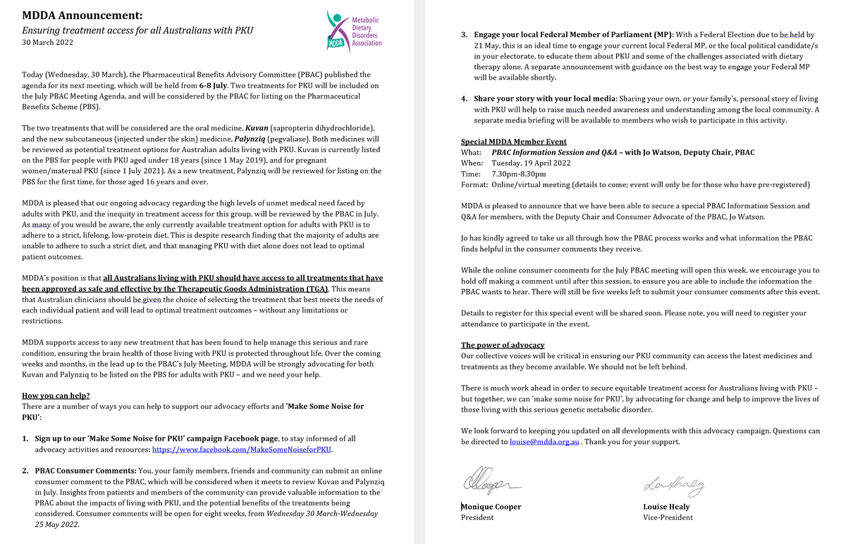 MDDA Important Announcement: Ensuring treatment access for all Australians with PKU 
30 March 2022 
Read this announcement online: mdda.org.au/mdda-announcem…
Join our online FB campaign page: facebook.com/MakeSomeNoisef…
