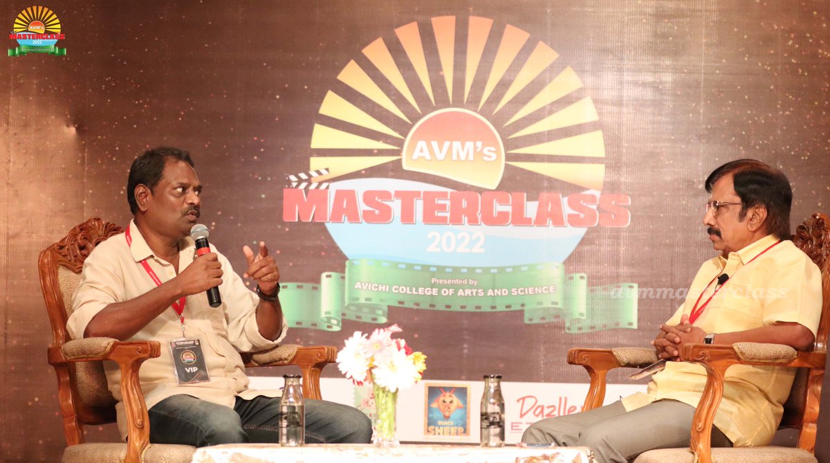 avmmasterclass's tweet photo. Mr. Viji, director and dialogue writer. He advises students to find inspiration in the things around them rather than looking solely at the film-makers' words. 

#AVMMasterclass2022 #masterclass2022 https://t.co/EUCxjffuBf