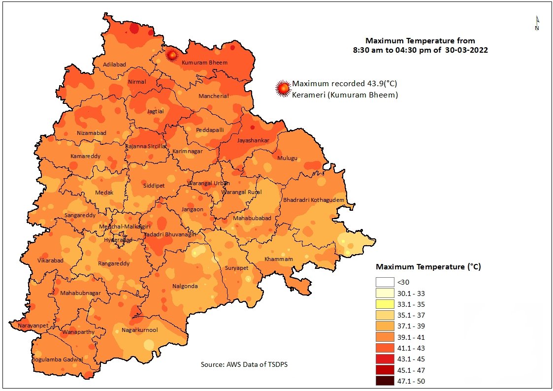 Hyderabadrains's tweet photo. #Telangana Max. Temperatures 30March in(°C)☀️🥵⚠️
👉#Kerameri (KB Asifabad):43.9°
👉Jainad(#Adilabad):43.8°
👉#Chaprala(Adilabad):43.8°
👉Kouthala(KB Asifabad):43.7°
👉#Kataram(Jayashankar):43.6°
👉Adilabad Urban:43.3°
👉Chitiyal(#Jayashankar):43.2°
👉Srirampur(#Peddapali):43.1° https://t.co/2HteGYAgga