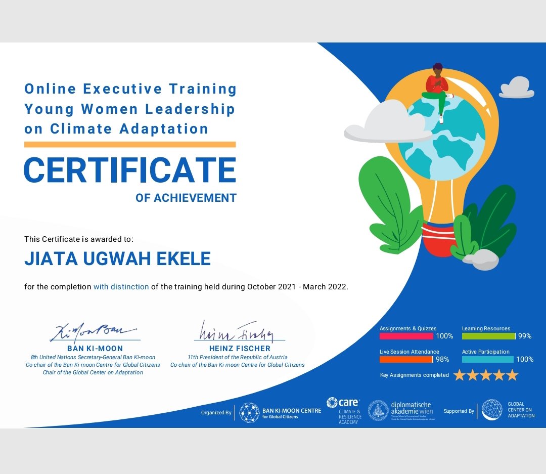 Thank you very much @bankimooncentre, @CAREClimate Resilience Academy, @DA_vienna, @GCAdaptation and @noradno for the six months intensive, Online Executive Training - Young Women Leadership on Climate Adaptation.

#Women
#AdaptOurWorld
#ClimateAction
@CSDevNet1 @PACJA1 @NCSFPAS