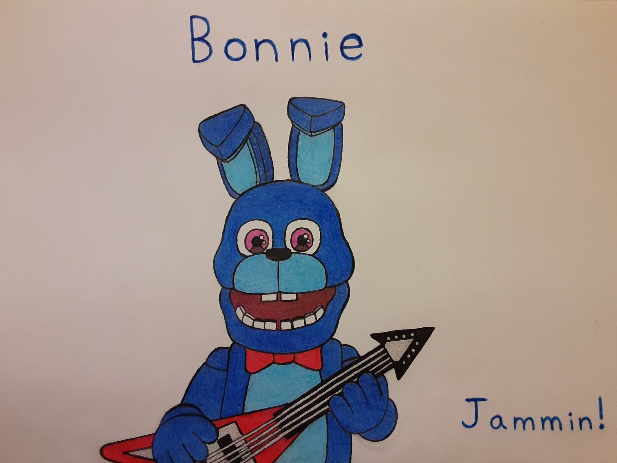 A carbon drawing of Bonnie. I think I made his guitar too small but oh  well. + My little sister's attempt : r/fivenightsatfreddys