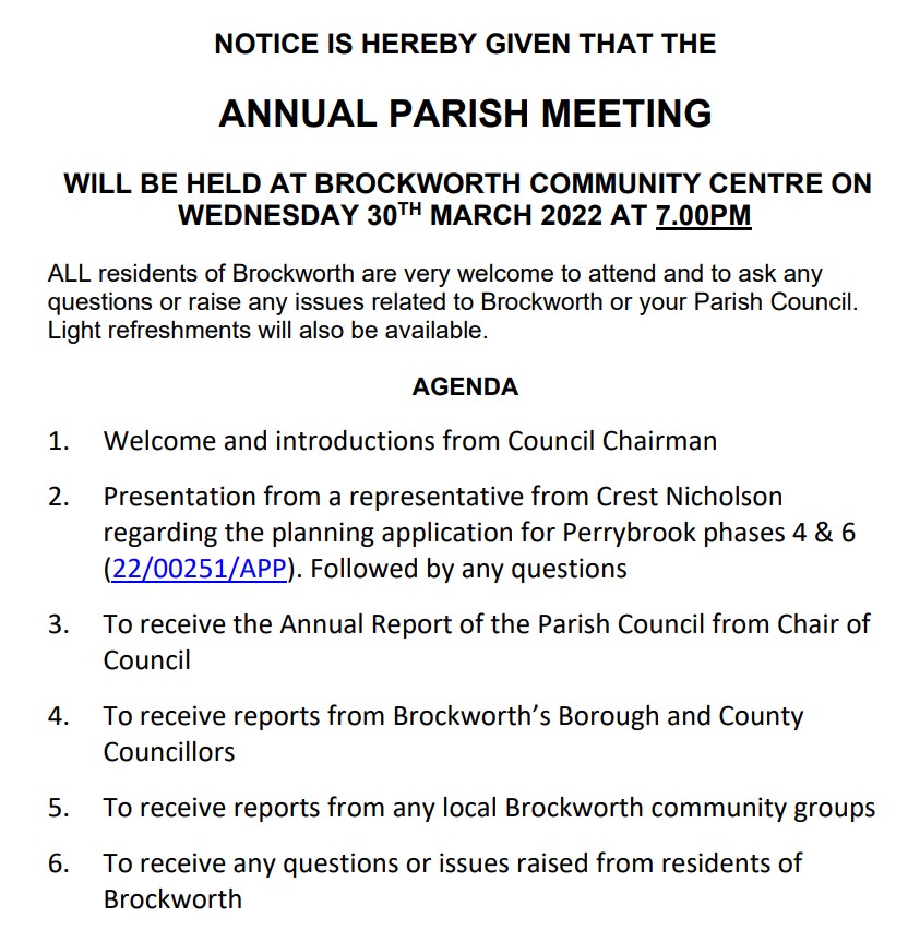 BrockworthPC's tweet photo. Brockworth Parish Meeting TONIGHT Weds 30th March 7pm at Brockworth Community Centre. All Brockworth residents are welcome to raise any local issues and find out about the latest Perrybrook planning application. https://t.co/clLgCTCJvp