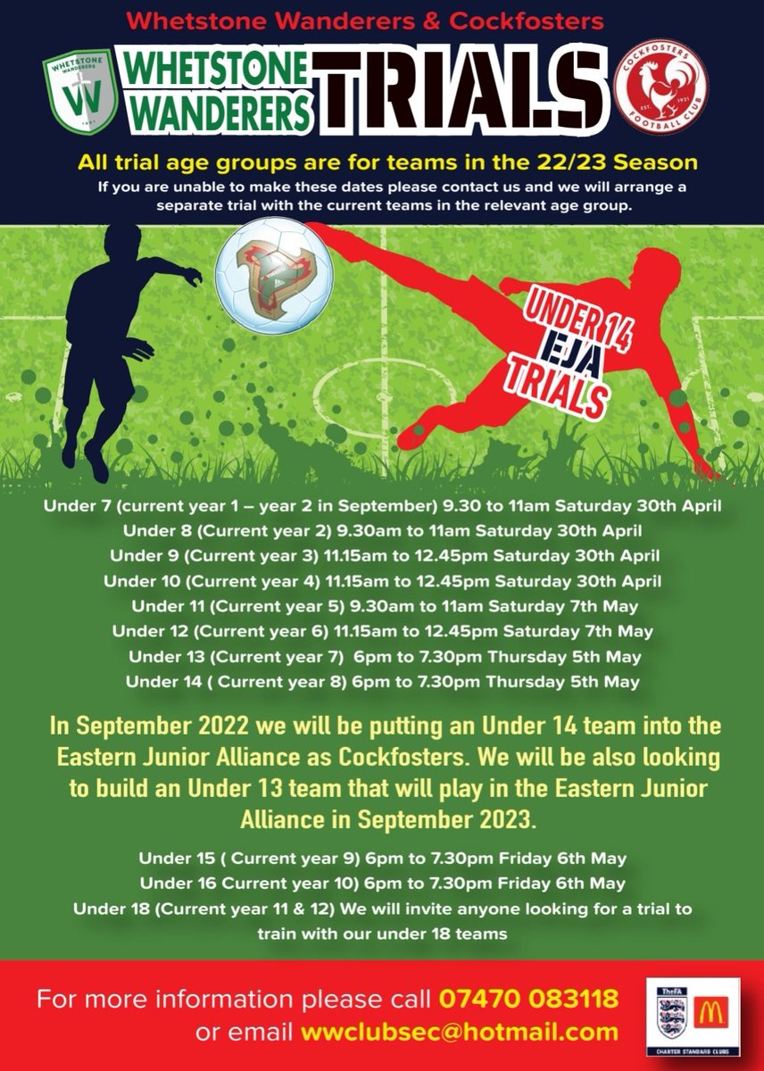 TRIAL DATES! U7-U18 inc. EJA U14. As per info on the flier. Any queries pls contact the club secretary or DM this account. 

For all other EJA trials U15-U18 please email partner club <a href="/CockfostersFC/">Cockfosters FC</a> on academy@cockfostersfc.co.uk  <a href="/EJALeague/">EasternJnrAlliance</a> <a href="/CockfostersDev/">Cockfosters FC Development</a> 
pls RT