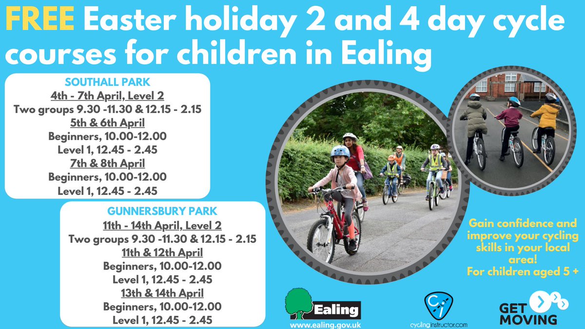 A fantastic opportunity for your child to learn how to ride a bike and improve their skills with two and four day courses, this Easter break! Book your place here: bit.ly/EalingHols @EalingCouncil @cicom