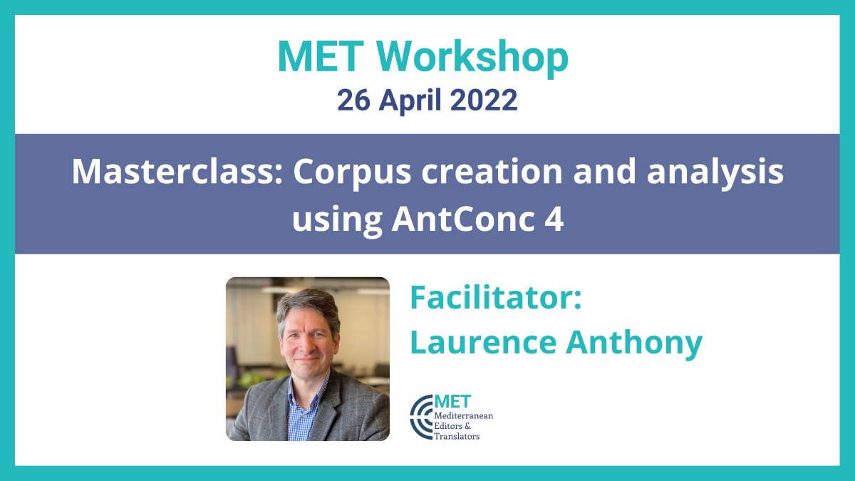 METMeetings's tweet photo. Online #METWorkshop: Corpus creation and analysis using AntConc 4

How can we use corpora to boost our practice? Join Laurence Anthony as he shows us the features &amp; functions of his desktop corpus tool, AntConc 4.

📅 26 April, 15:00-17:30, CEST

Register: https://t.co/JzsH1MYnhv https://t.co/MBBVLnok27