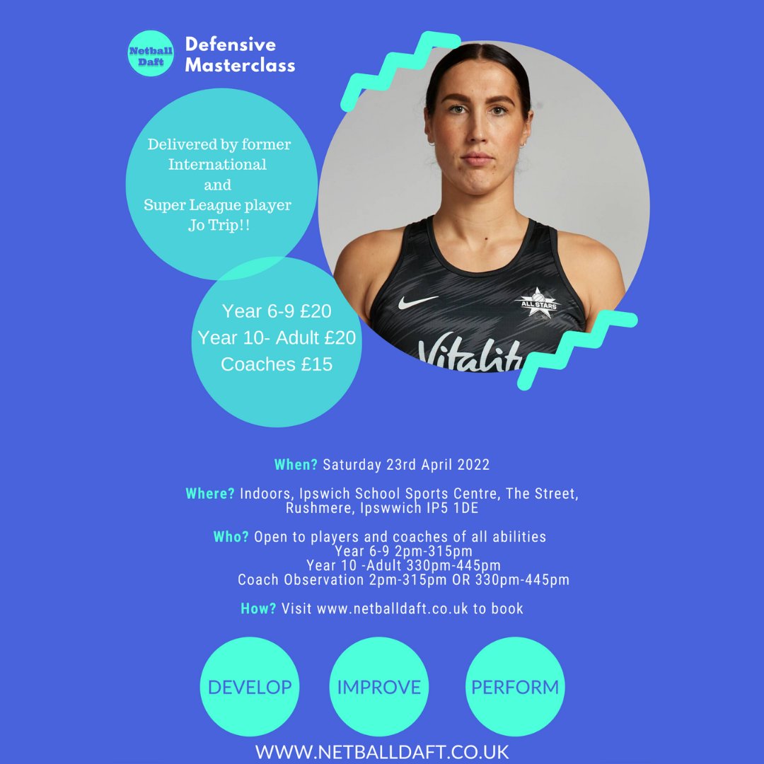 Master Class- Suitable for all ages, abilities and attackers defend too! 
Last few spaces- Don't miss out book your place today! 
netballdaft.co.uk
#netball #netballdaft