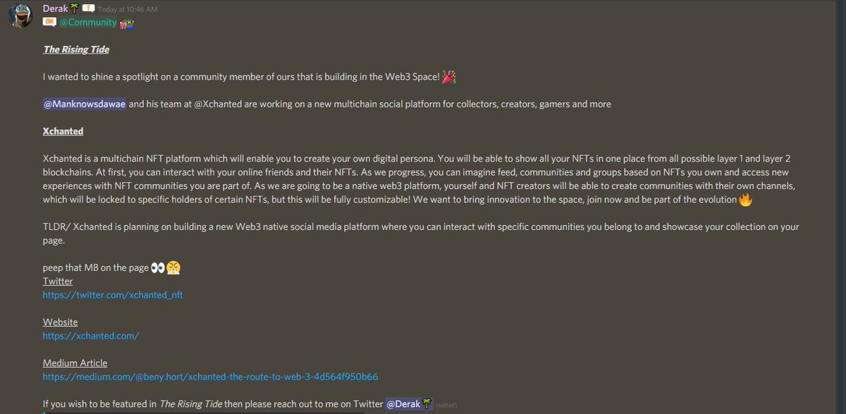 derakmandious's tweet photo. Have started a new Community spotlight feature in @dutchtide Discord
"The Rising Tide"
where we feature a community builder or creator, this week starts with:
@manknowsdawae & his project @xchanted_nft!
To be featured on next weeks Rising Tide, then reach out in DMs💜
#MBFam https://t.co/mEMJfjweGn