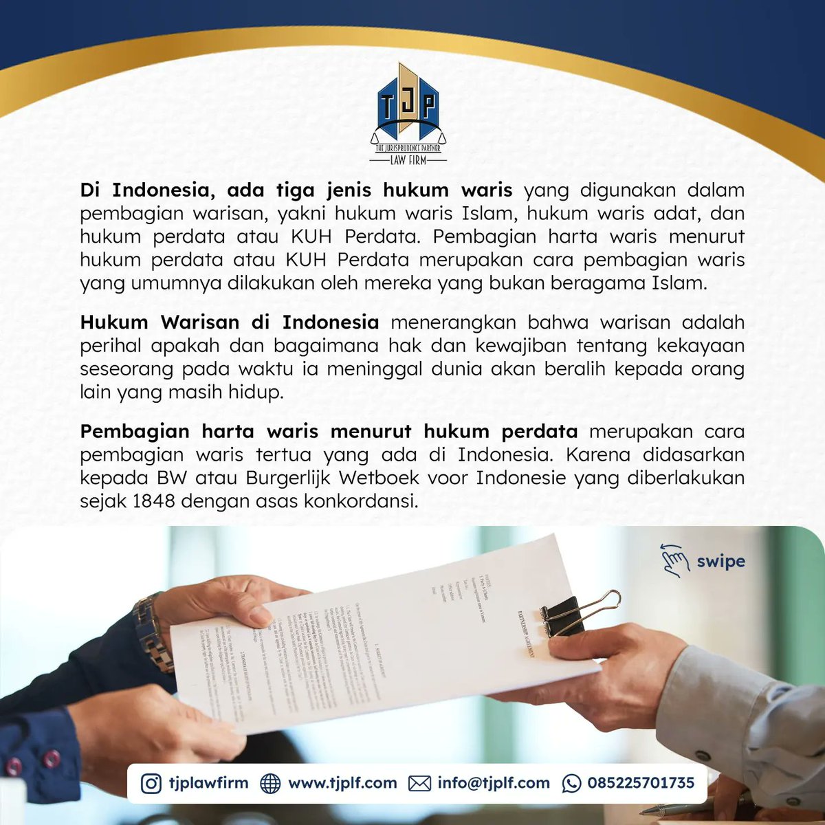 TJPLawFirm's tweet photo. Di Indonesia, ada tiga jenis hukum waris yang digunakan dalam pembagian warisan, yakni hukum waris Islam, hukum waris adat, dan hukum perdata atau KUH Perdata.

#lawyer #pengacara #advokat #warisan #waris https://t.co/TfFwE8McUu