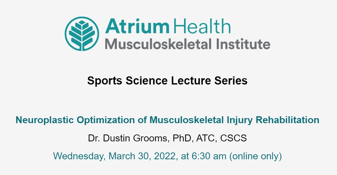 #AtriumHealthProud and excited to welcome Dustin Grooms, PhD, ATC, CSCS, as the visiting professor for our inaugural @AtriumMSKI Sports Science Lecture Series! Thanks to @tcsell and Dr. Nicholson for hosting! @AtriumHealth @AtriumHealthWFB