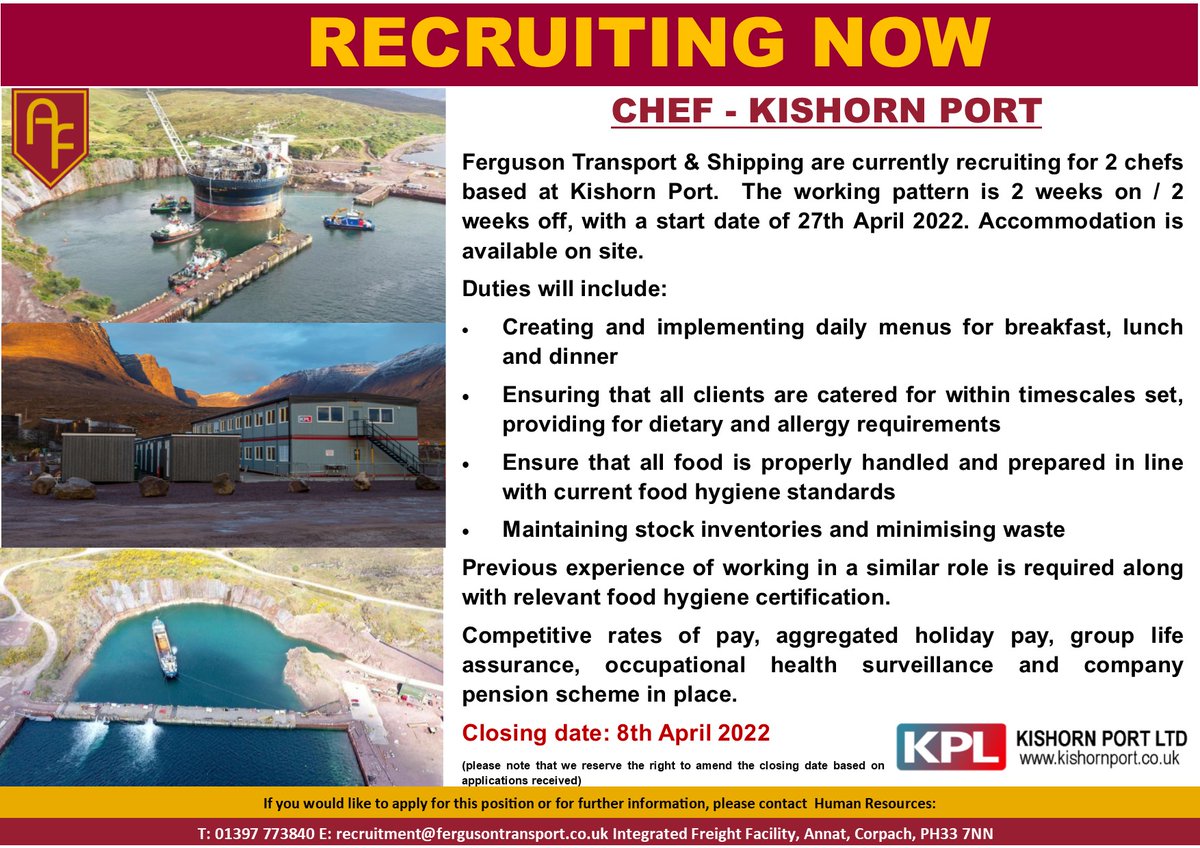 🚛 𝗝𝗼𝗶𝗻 𝗼𝘂𝗿 𝗧𝗲𝗮𝗺 🚛

We are currently recruiting for 2 chef positions at Kishorn Port. 

For more information please contact: 01397 773840 or recruitment@fergusontransport.co.uk

#FTS #kishornport #hiring #vacancies #recruitment #nowhiring #jobsearch #chefs