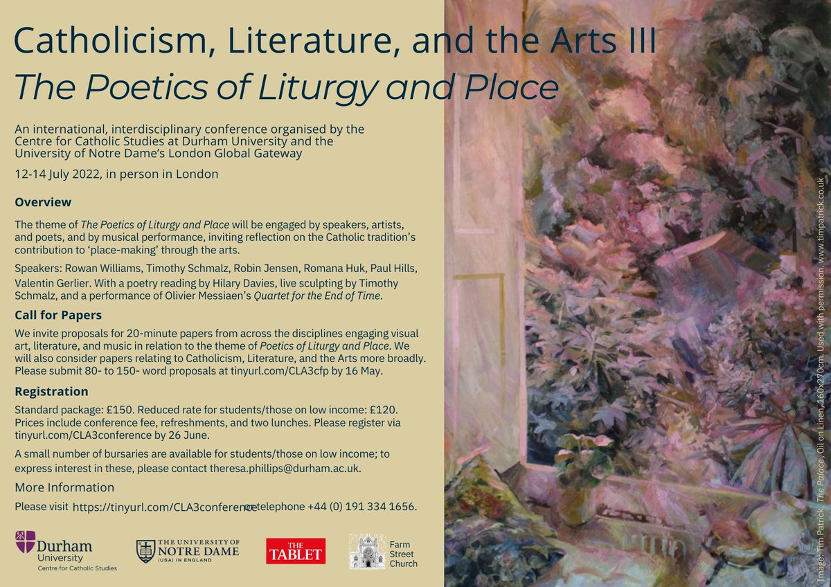 uNDLondon's tweet photo. The @CCSDham and @UNDLondon are delighted to announce a Call for Papers for the third Catholicism, Literature and the Arts conference: The Poetics of Liturgy and Place!

Registration: https://t.co/WNJNlOs5ah
Submit your proposals: https://t.co/zpL4LSpFmI https://t.co/bBSbnzTYSM