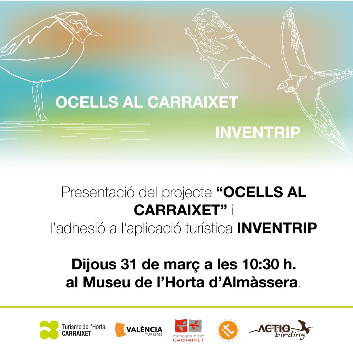 turiscarraixet's tweet photo. 📣 Demà #TurismeCarraixet presenta una nova activitat d'ALBIRAMENT 🐦 D'OCELLS i la seua adhesió a la plataforma turística INVENTRIP.

Descarrega't #INVENTRIP i comença a gaudir del #Carraixet ‼ https://t.co/72QrlY9RyL