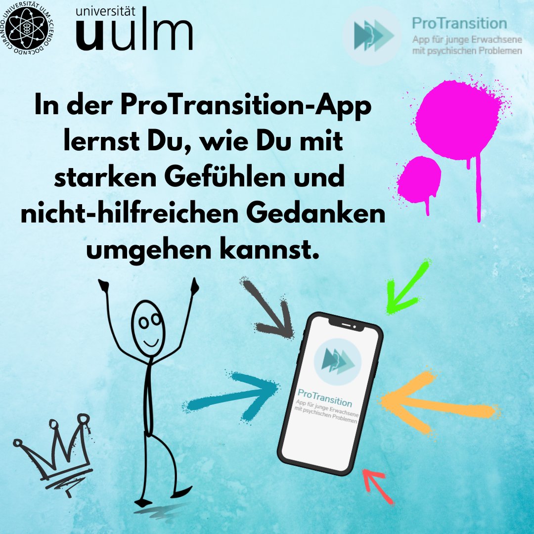 ProTransition's tweet image. In der ProTransition-App geht es u.a. um hilfreiche und weniger hilfreiche Gefühle und Gedanken, insbesondere aber auch um den Umgang mit ihnen und deren Bewältigung. Mehr Infos über den Link in unserer Bio. #gefühle #gedanken #transition #psychischegesundheit #uniulm #ulm