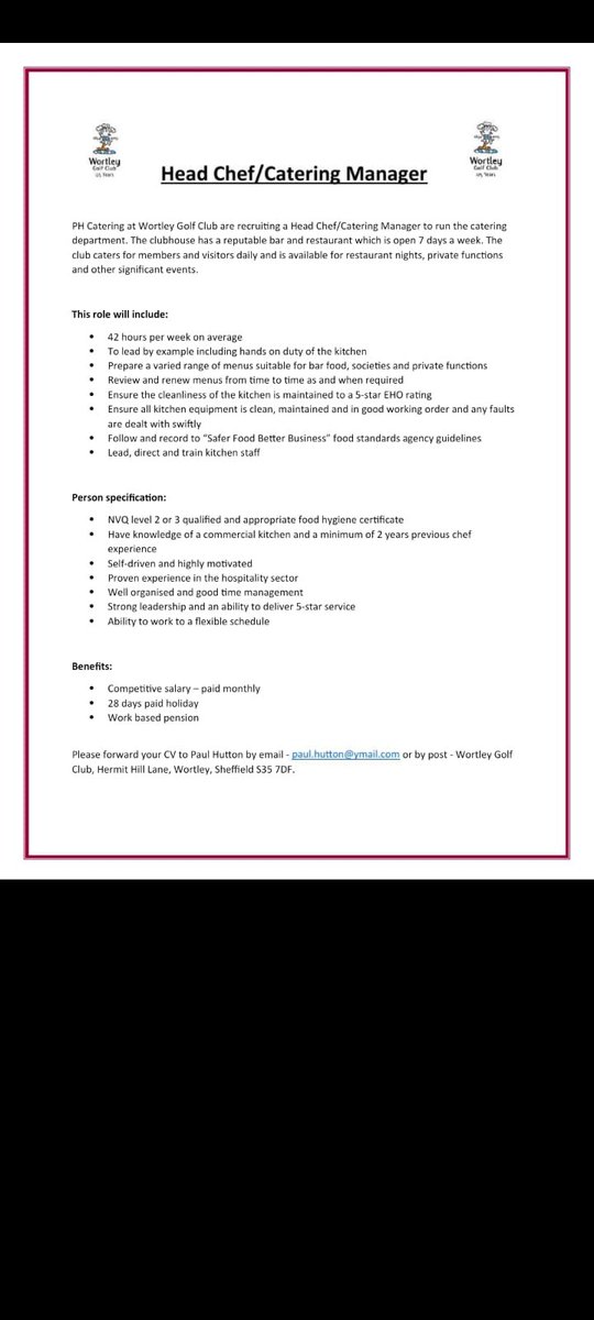 Great opportunity <a href="/WortleyGolfClub/">Wortley Golf Club</a> #jobsearch #Jobs #catering