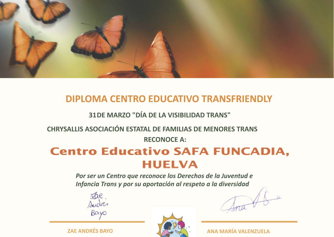 SafaFuncadia's tweet photo. La Asociación Chrysallis reconoce nuestra labor y nos certifica como centro integrador que lucha por los derechos de la juventud e infancia trans y el respeto a la diversidad de nuestro alumnado.
Muchas gracias.
@fundacionsafa @educsi #YoConSAFA #Sonreirconlamirada #Funcadia https://t.co/8DjrxXgjJc