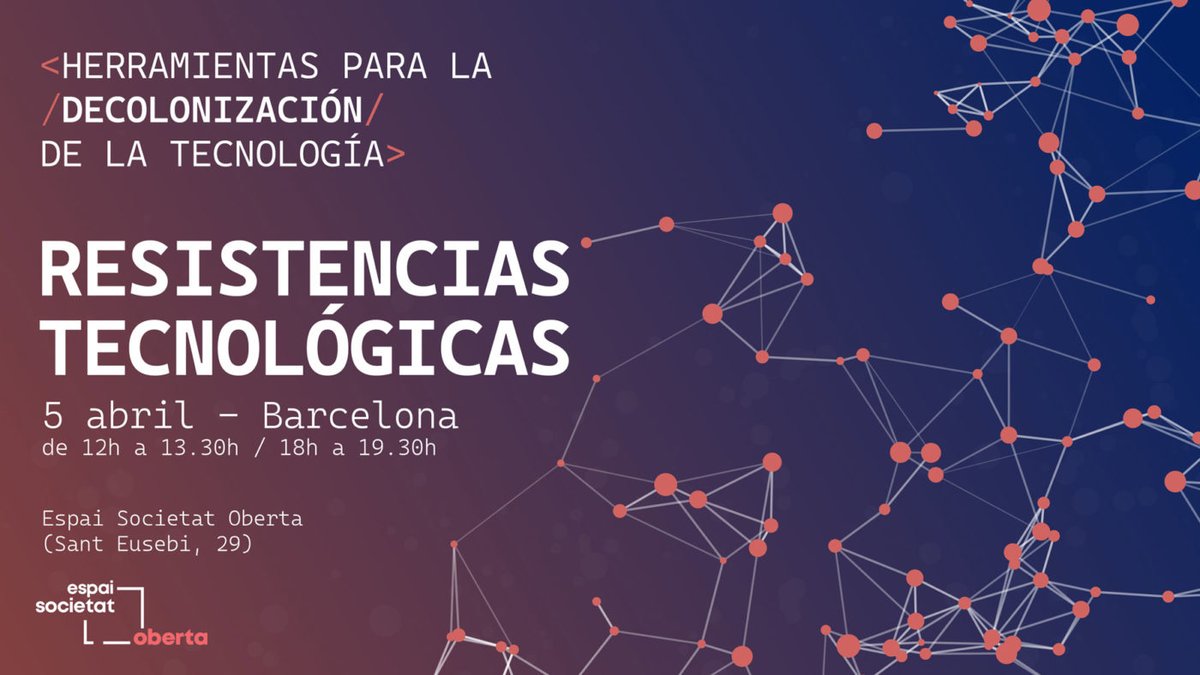 Diomcoop (@diomcoop) on Twitter photo En el marc de treball d'<a href="/SocietatOberta/">Espai Societat Oberta</a> arriba #ResistènciesTecnològiques
📆5 d'abril
📍Espai Societat Oberta
⏰De 12h a 13.30h o de 18h a 19.30h En el marc de treball d'<a href="/SocietatOberta/">Espai Societat Oberta</a> arriba #ResistènciesTecnològiques
📆5 d'abril
📍Espai Societat Oberta
⏰De 12h a 13.30h o de 18h a 19.30h