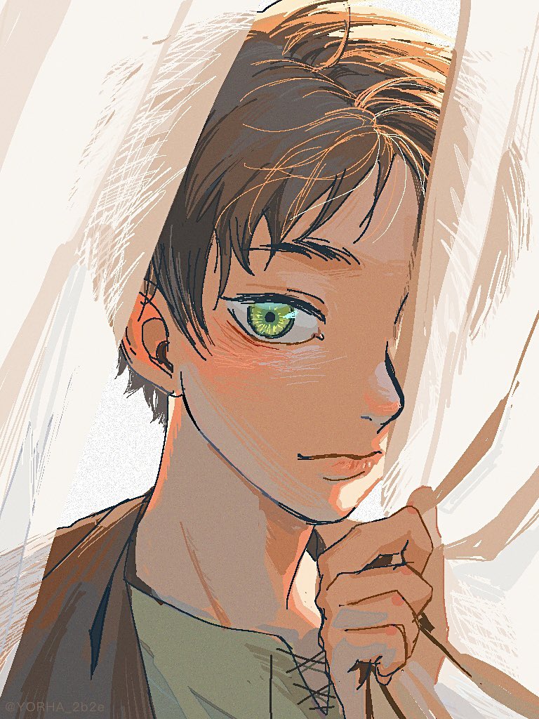 eren yeager 1boy green eyes male focus solo brown hair looking at viewer curtain grab  illustration images