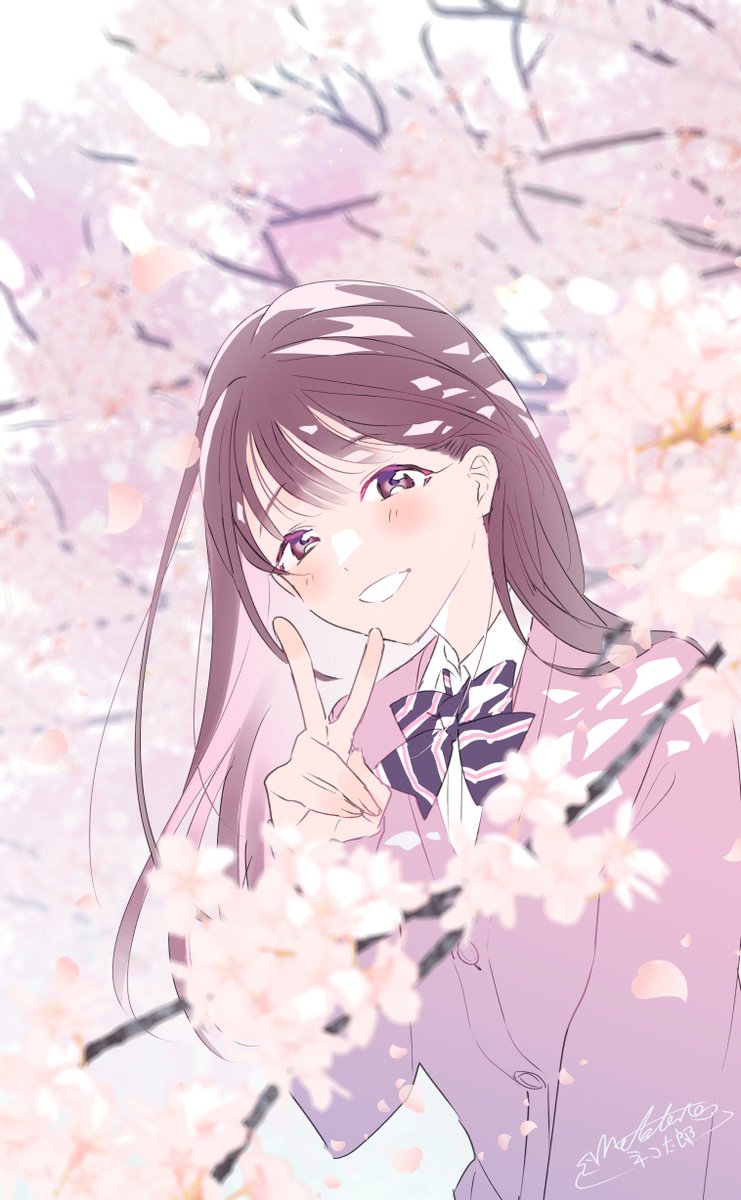 1girl solo v cherry blossoms smile brown hair signature  illustration images