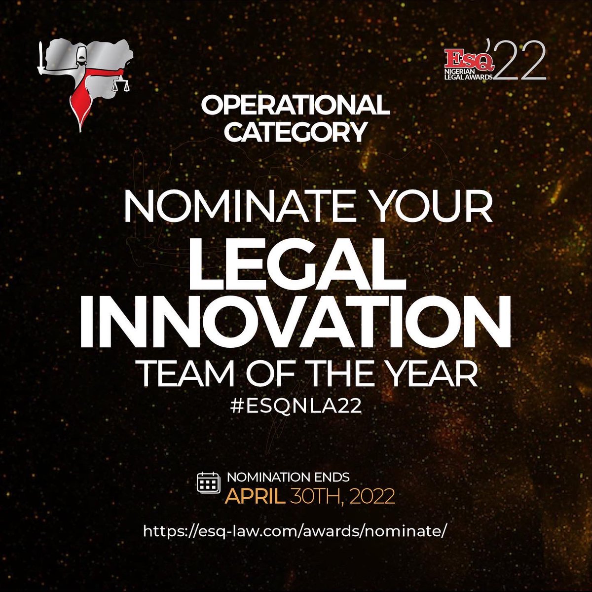 myESQLegal's tweet photo. Nominations for the ESQ Nigerian Legal Awards 2022 is still ongoing!

Why wait to make your entry for the team for the year?

Click on the link below to submit your nominations.
https://t.co/4nfKpIEgyr https://t.co/Qa5ctmvop4