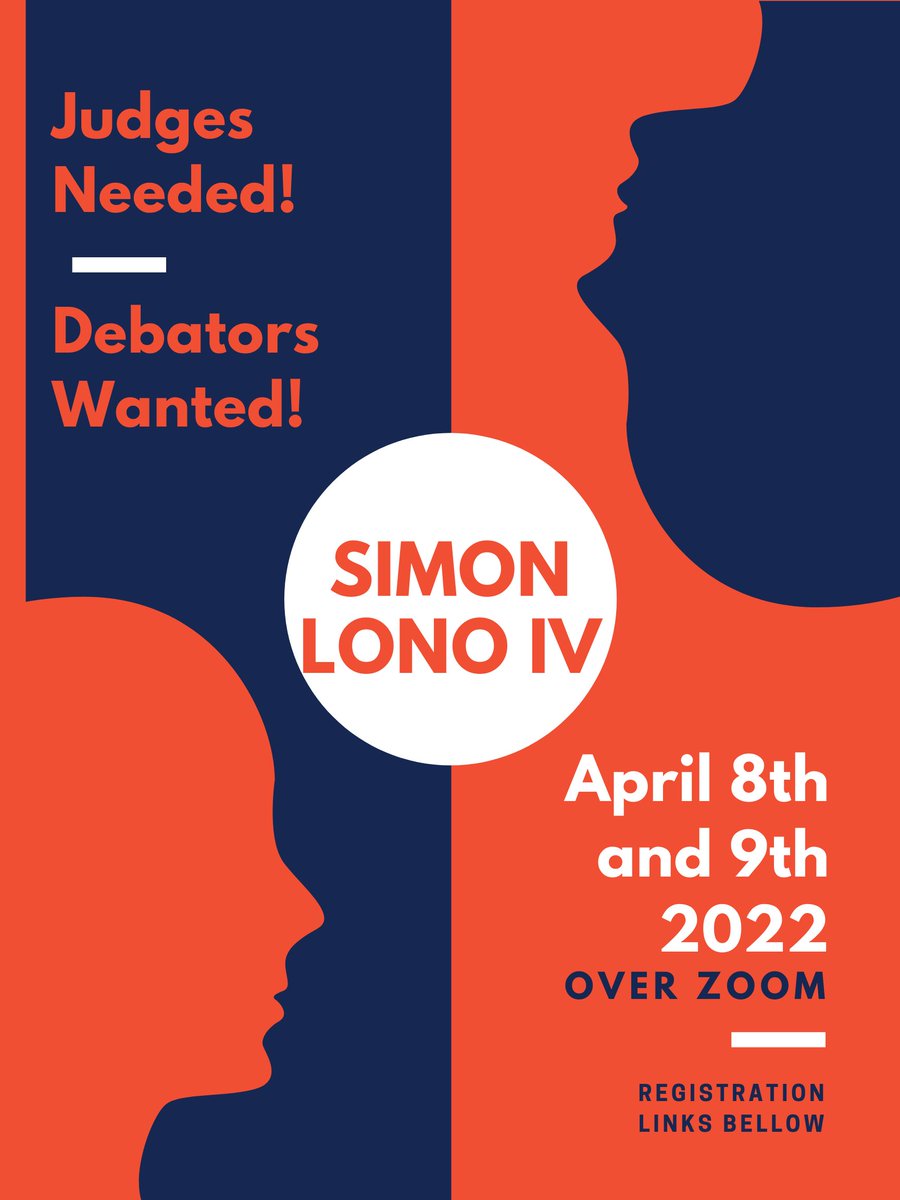 nlsdu's tweet photo. Sign up for the Simon Lono IV!
Judge Registration: https://t.co/32CvxbcQfv
Student Registration: https://t.co/bYcTHuz3d9 
Open to all Junior and Senior High students! 
The Prepared Motion is: "THW require that all pharmaceuticals be developed by government owned not-for-profits" https://t.co/vKhHB2MIDw