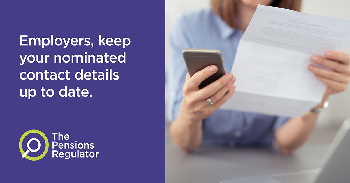 TPRgovuk's tweet photo. Employers, it is essential that you keep your nominated contact details up to date. If you fail to receive our messages, you risk being non-compliant with your automatic enrolment duties.  Use the nominate contact form: https://t.co/wVSpd7KG1c https://t.co/TI5BU0Vjct