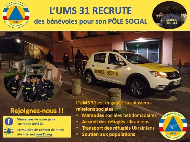 ums31's tweet photo. RECRUTEMENT de bénévoles pour s’assurer des actions sociales auprès des #refugiesukrainiens et lors des #maraudes 
N’hésites plus ! Rejoins-nous 😉

#social #samusocial #UMS31 https://t.co/gYlADj8VST