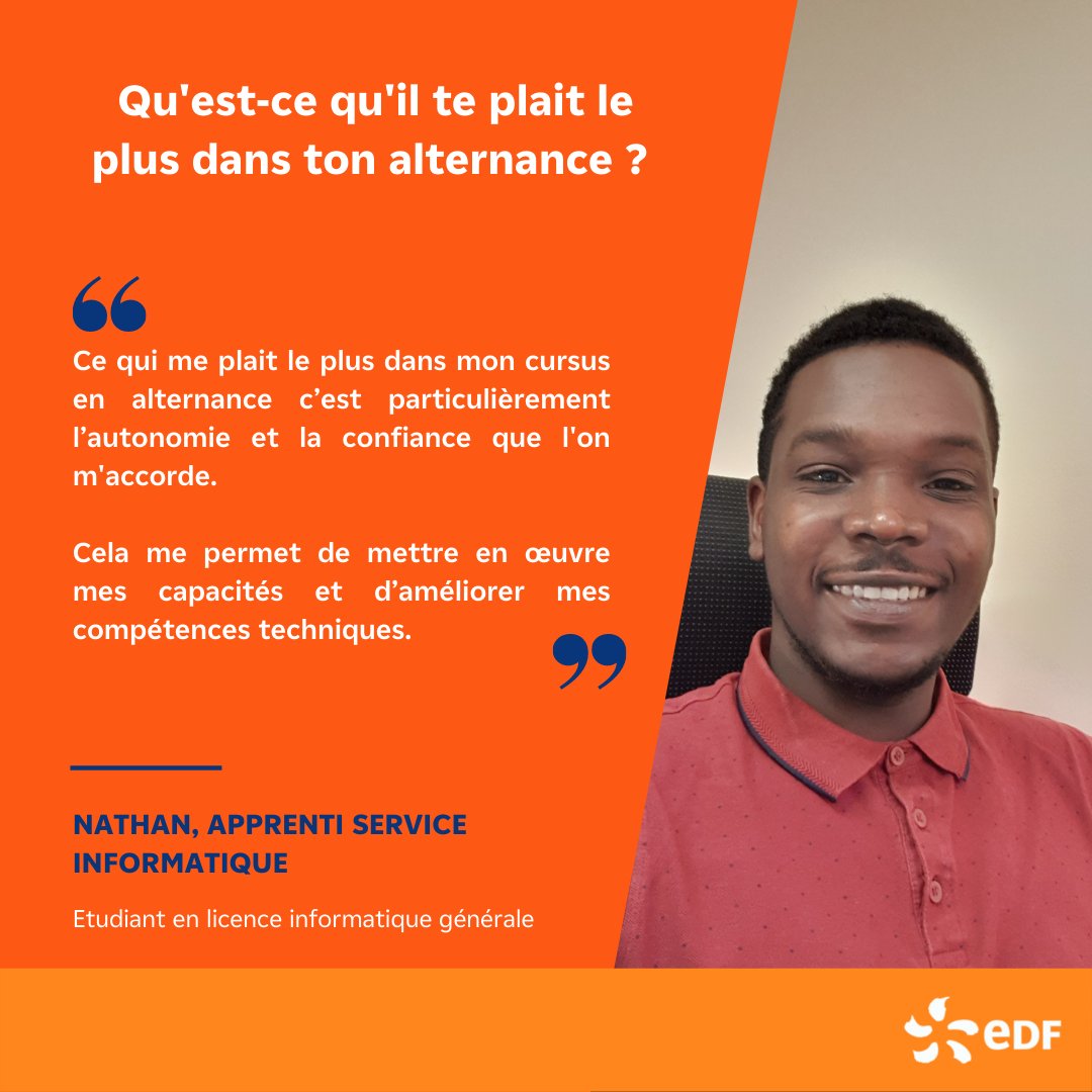 EDFenMartinique's tweet photo. Aujourd’hui, Nathan témoigne 😉📝 ! #AlternanceEDF

Chez EDF l’accompagnement de nos alternants est une priorité et ce sont nos alternants qui en parlent le mieux. 🎓

Rejoignez-nous ! 

#EDFenMartinique #Alternance https://t.co/wE2Va46dRh