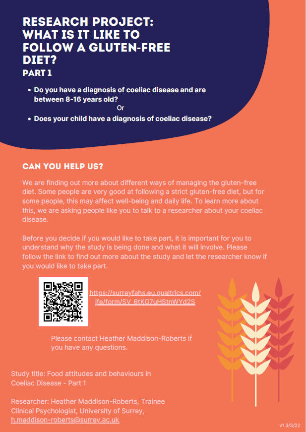 I'm currently recruiting 8-16 year olds with coeliac disease to take part in an interview with their caregiver about thoughts around food. Please see the flyer for further information. If you and your child are interested in taking part, please go to surreyfahs.eu.qualtrics.com/jfe/form/SV_6t…
