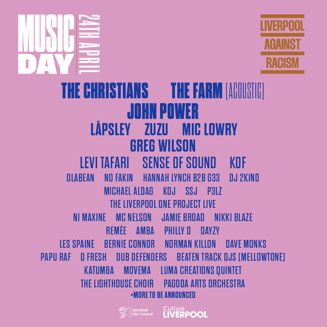 #Event | Save the date + get ready for a music event with a bigger purpose, On 24 April over 35 music artists + DJs including <a href="/thechristians/">THE CHRISTIANS OFFICIAL</a>, <a href="/TheFarm_Peter/">TheFarm/PeterHooton</a>, <a href="/lapsleyyyy/">Låpsley</a>, <a href="/johnpowerla/">John power</a>, <a href="/thisiszuzu/">Zuzu</a> + more will take to the stage for #LiverpoolAgainstRacism 
bit.ly/LARMUSICDAY