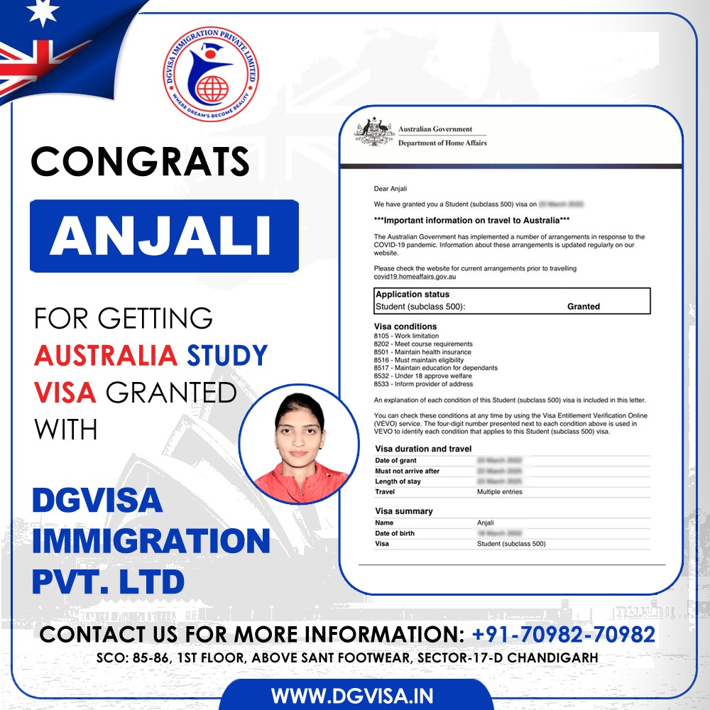DgVisa's tweet photo. Congratulations ANJALI for getting Australia Study Visa granted with DGVISA IMMIGRATION PVT. LTD.
.
.
For more information, call us at: 7098270982
.
.
.
#dgvisaimmigration #dgvisa #immigration #consultants #immigrationconsultants #basedinchandigarh #studyvisaexpert #canada #study https://t.co/D8iGvnoHs4