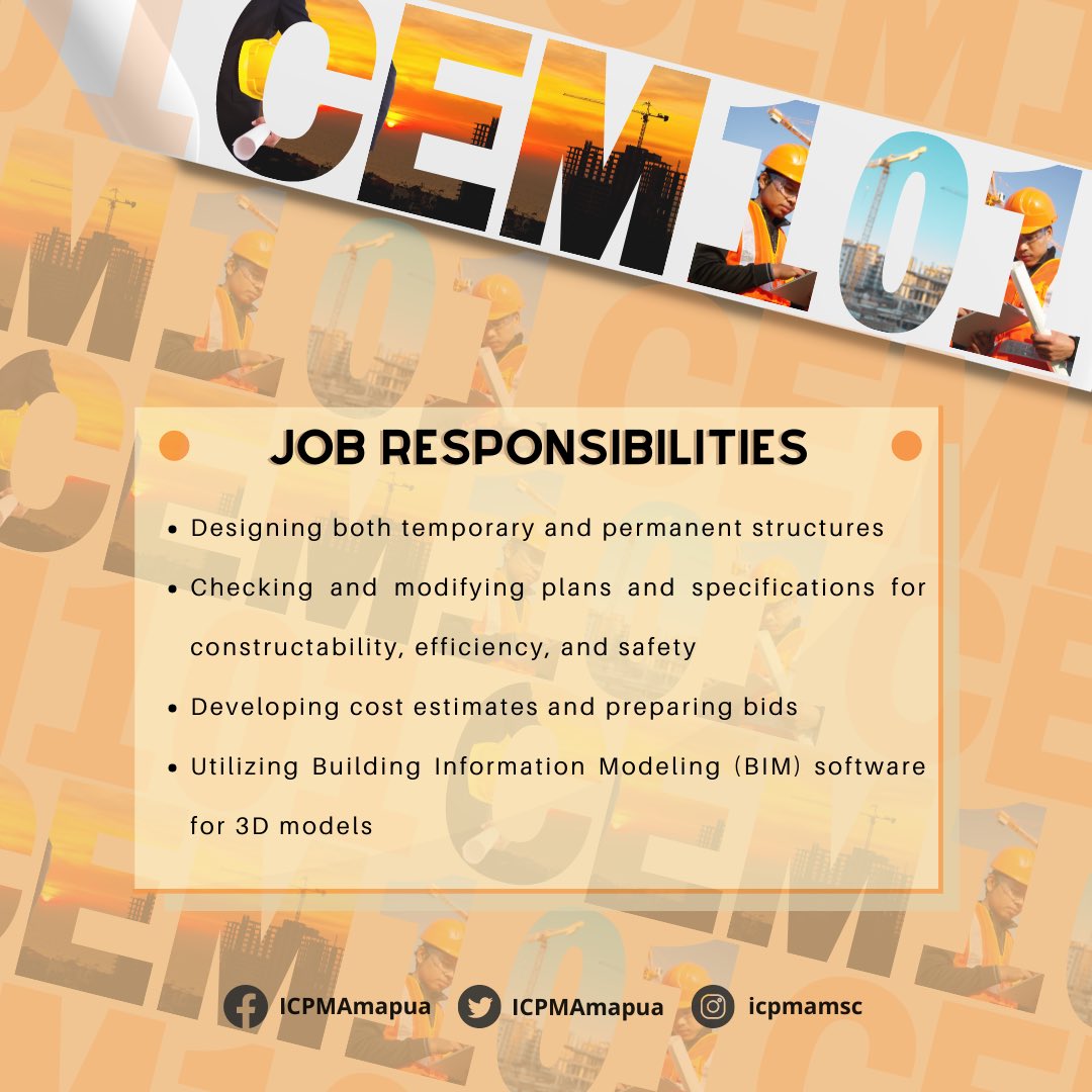 ICPMAmapua's tweet photo. 𝐂𝐄𝐌 𝟏𝟎𝟏: 𝐂𝐄𝐌 𝐉𝐎𝐁 𝐑𝐄𝐒𝐏𝐎𝐍𝐒𝐈𝐁𝐈𝐋𝐈𝐓𝐈𝐄𝐒

The job of a BSCEM graduate has a lot of obligations to fulfill, it usually involves critical decisions and planning in construction which makes their responsibilities very crucial in the construction industry. https://t.co/0GoRLevjv4