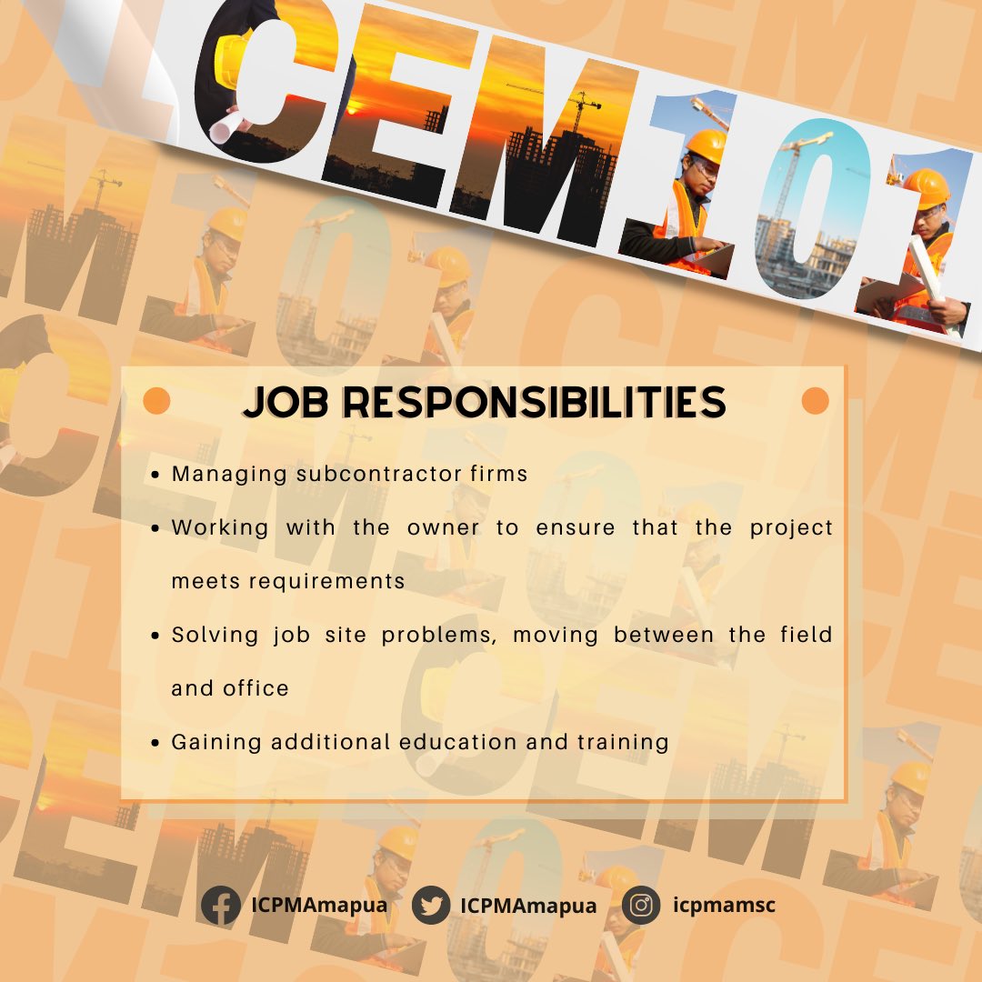 ICPMAmapua's tweet photo. 𝐂𝐄𝐌 𝟏𝟎𝟏: 𝐂𝐄𝐌 𝐉𝐎𝐁 𝐑𝐄𝐒𝐏𝐎𝐍𝐒𝐈𝐁𝐈𝐋𝐈𝐓𝐈𝐄𝐒

The job of a BSCEM graduate has a lot of obligations to fulfill, it usually involves critical decisions and planning in construction which makes their responsibilities very crucial in the construction industry. https://t.co/0GoRLevjv4