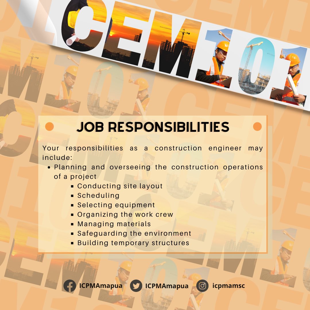 ICPMAmapua's tweet photo. 𝐂𝐄𝐌 𝟏𝟎𝟏: 𝐂𝐄𝐌 𝐉𝐎𝐁 𝐑𝐄𝐒𝐏𝐎𝐍𝐒𝐈𝐁𝐈𝐋𝐈𝐓𝐈𝐄𝐒

The job of a BSCEM graduate has a lot of obligations to fulfill, it usually involves critical decisions and planning in construction which makes their responsibilities very crucial in the construction industry. https://t.co/0GoRLevjv4