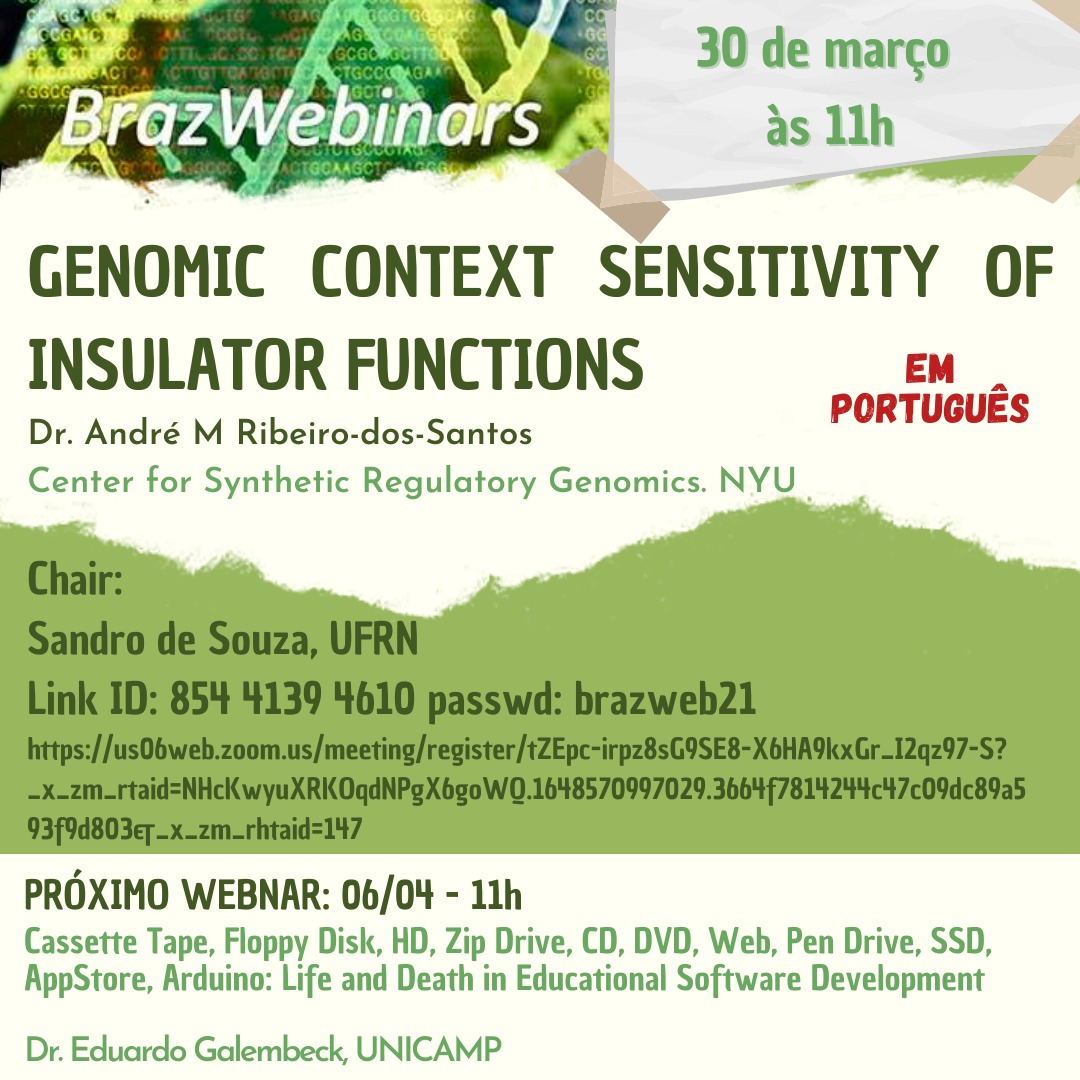AB3C_oficial's tweet photo. Nesta quarta teremos o BrazWebnars com o tema Genomic Context sensitivity of insulator functions. Para assistir ao seminário acesse https://t.co/44sdusIl3C.
Saiba mais sobre o BrazWebnars em https://t.co/j54ekDxHWG
#BrazWebnars #AB3CInforma https://t.co/m867WNEfVv