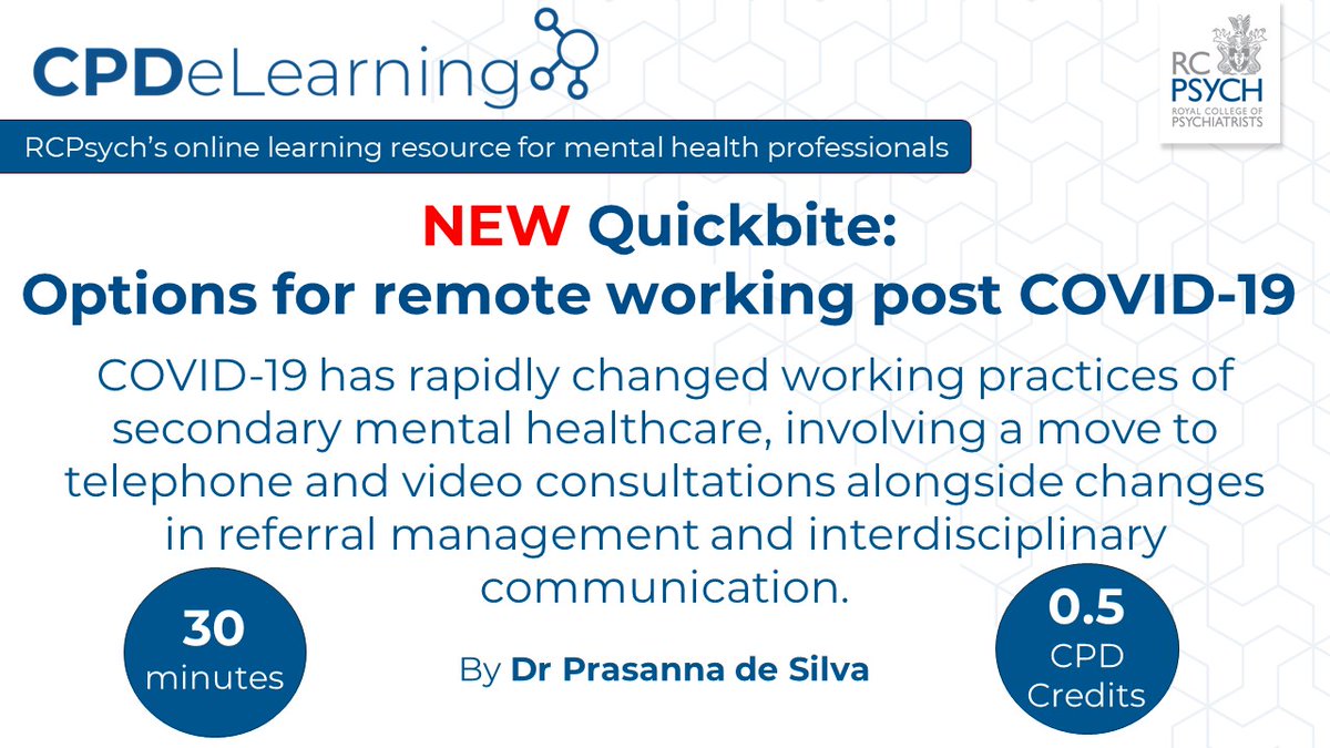 rcpsych_eLearn's tweet photo. π¨ BRAND #NEW #CPDeLearning #Quickbite 'Options for #remoteworking post #COVID-19'
This 30 minute #module covers numerous topics including #epidemiology, #trauma, #Maslowshierarchy and the #SBARD template.
π»π https://t.co/KgVGPXWsNl
#elearning #onlinelearning #CPDCredits https://t.co/wennY5D0Ct