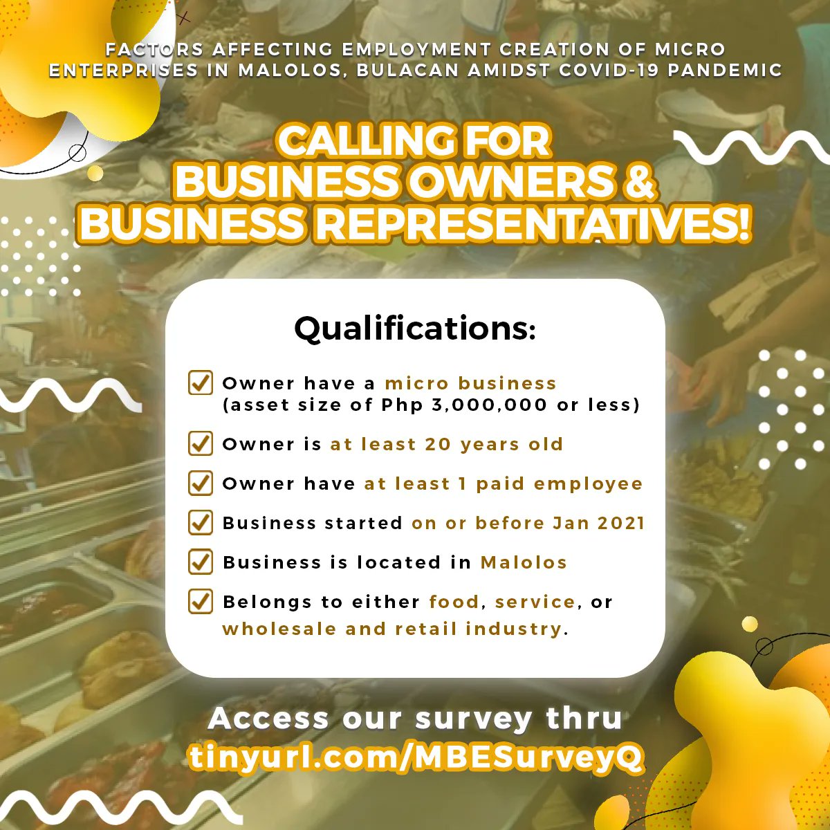 bmjncollects's tweet photo. our group is currently conducting a survey for our thesis and we are looking for micro business owners. if you have the following qualifications, you may participate in answering the questionnaire ( link: https://t.co/yMuERItY6L )

help rt ! 
will give ₱50 to random rter :D https://t.co/hbT9MSyq1P