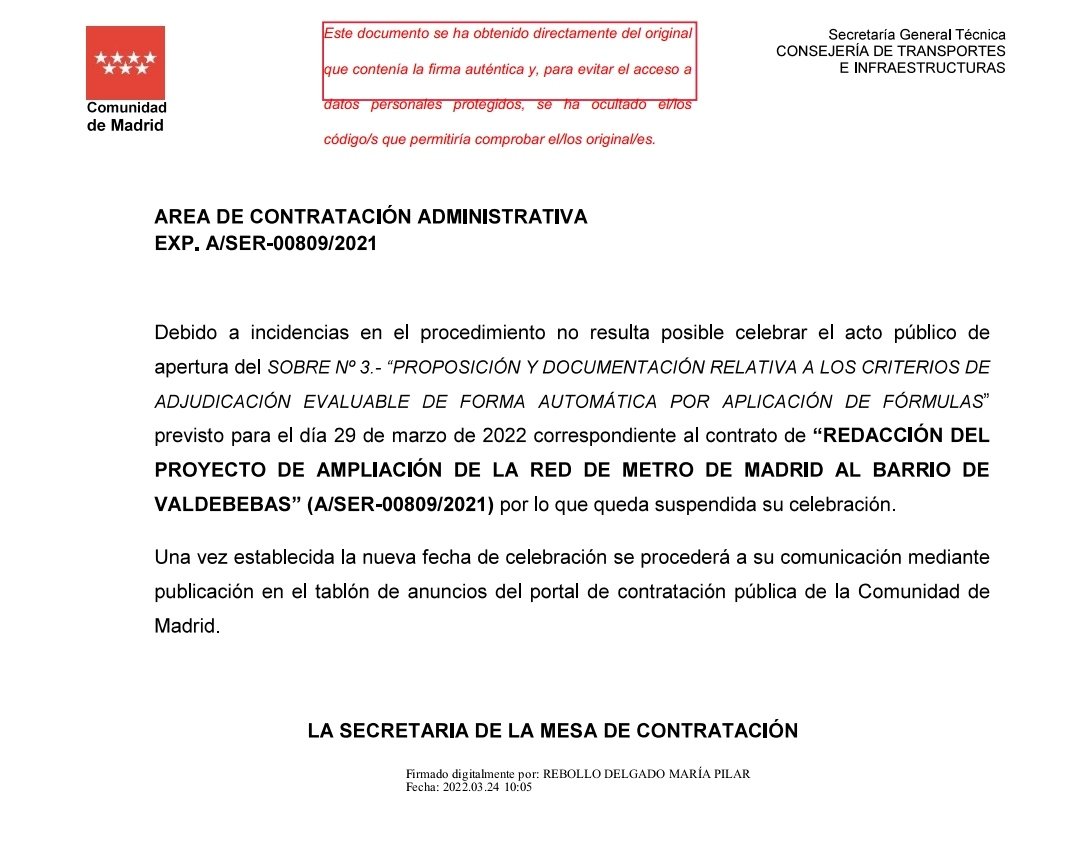 HilosValdebebas's tweet photo. Nuevo retraso en la adjudicación de la redacción del proyecto de ampliación de metro de Madrid para conectar con Valdebebas. Esperemos que sea cosa de poco y puedan adjudicar dentro de poco...🤞🤞🤞 https://t.co/zhyTcPk6mN