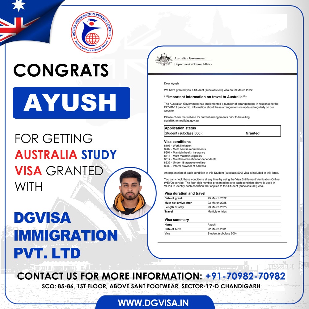 DgVisa's tweet photo. Congratulations AYUSH for getting Australia Study Visa granted with DGVISA IMMIGRATION PVT. LTD.
.
.
For more information, call us at: 7098270982
.
.
.
#dgvisaimmigration #dgvisa #immigration #consultants #immigrationconsultants #basedinchandigarh #studyvisaexpert #canada #study https://t.co/33OqBZkljb