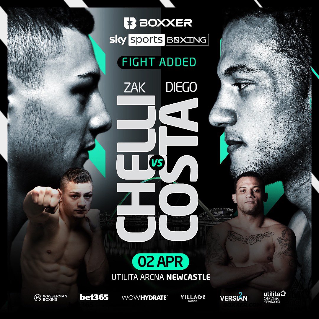 boxxer's tweet photo. Fight added โ
BOXXER 7 Champ, @zakchelli takes on Brazilian banger Diego Costa ๐ฅ
#ZakIsBack and ready to remind the super-middleweight division what heโs all about ๐ค
#MarshallHermans | April 2 | Utilita Arena | @skysportsboxing https://t.co/nC7BztOivL