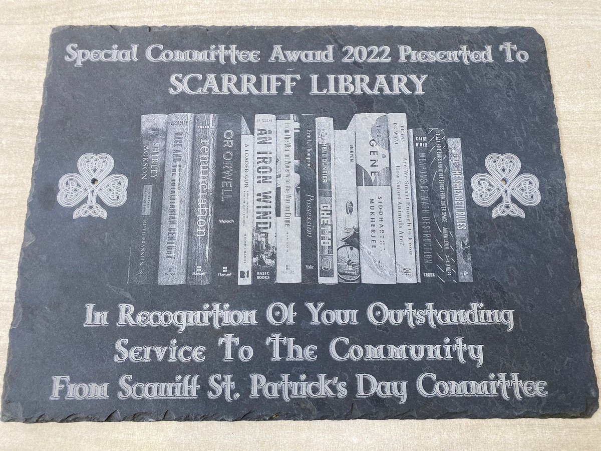 clarelibrary's tweet photo. Public Library was honoured to receive this Special Committee Award from the Scariff St. Patrick’s Day Committee in recognition of our service to the local community. Many thanks to the St. Patrick’s Day Committee for this beautiful award
#scarriff #scarrifflibrary https://t.co/lw0Q2iQqIV