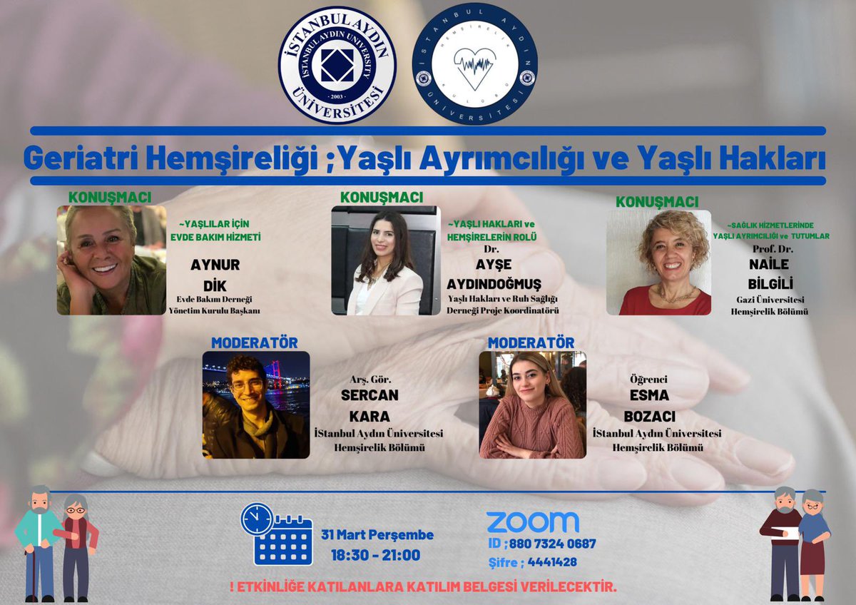Fakültemiz Hemşirelik Bölümü ve Hemşirelik Kulübü tarafından düzenlenen Geriatri Hemşireliği; Yaşlı Ayrımcılığı ve Yaşlı Hakları webinarımıza herkes davetlidir.
<a href="/iau_hemsirelik/">İAÜ HEMŞİRELİK KULÜBÜ</a>
<a href="/iaukampus/">İstanbul Aydın Üniversitesi</a>