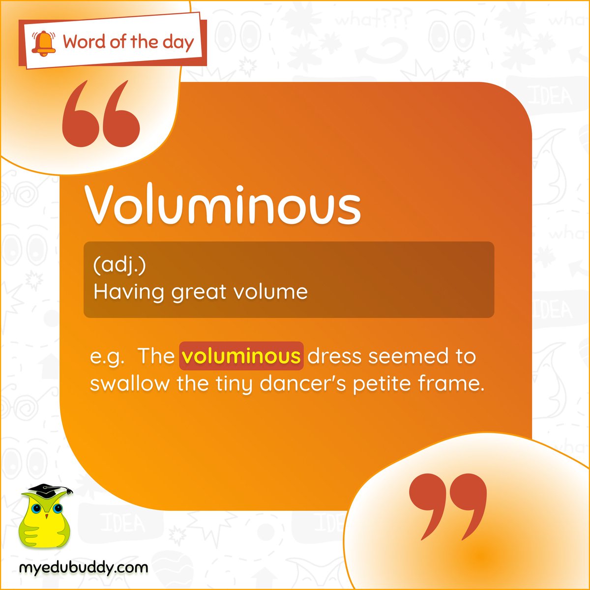 MyEduBuddy's tweet photo. Voluminous ( adj ) : Having great volume

Synonyms : capacious, ample .

#myedubuddy #newpost #wordoftheday #wordsoftheday #wordfortoday #wordfortheday #voluminous #noun #verb #grammer #english #englishlessons #grammerly #dictionary #students https://t.co/LZ2fq1fO6x