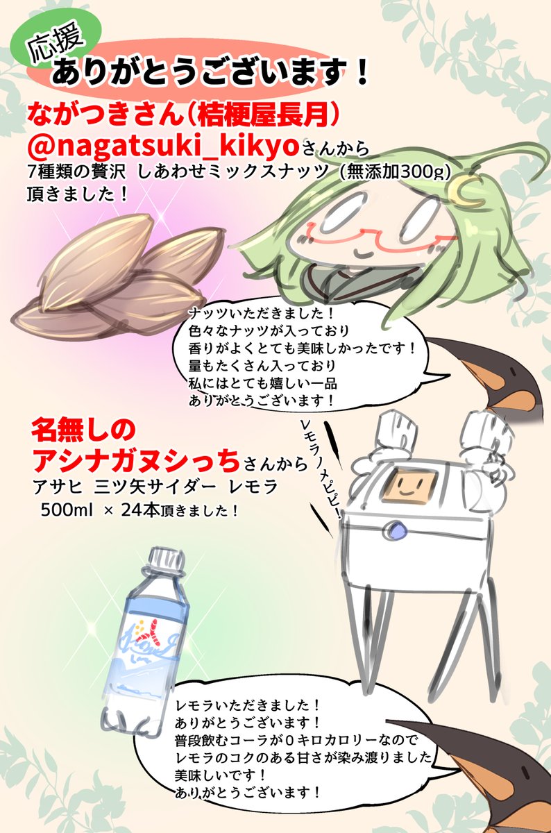 名無しのアシナガヌシっちさん
フミーさん
ながつき(桔梗屋長月)さん@nagatsuki_kikyo
うどん@ワレモコウ団長さん@f17k8ckk
作画がおそくて溜まってます、すみません!
応援の品物を頂きましたっ!ありがとうございます!
ゆっくり頂きたいと思います!
