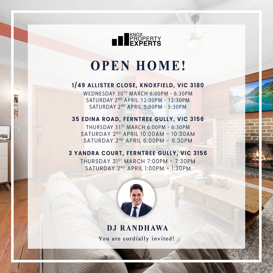 Opening for you a great opportunity to your dream homes. Come for an open home.

📍1/49 Allister Close Knoxfield 
📍35 Edina Road Ferntree Gully
📍3 Yandra Court Ferntree Gully

Visit the link for properties' information:
djrealestate.com.au/buy/

Contact me via:
📱 0452 054 470